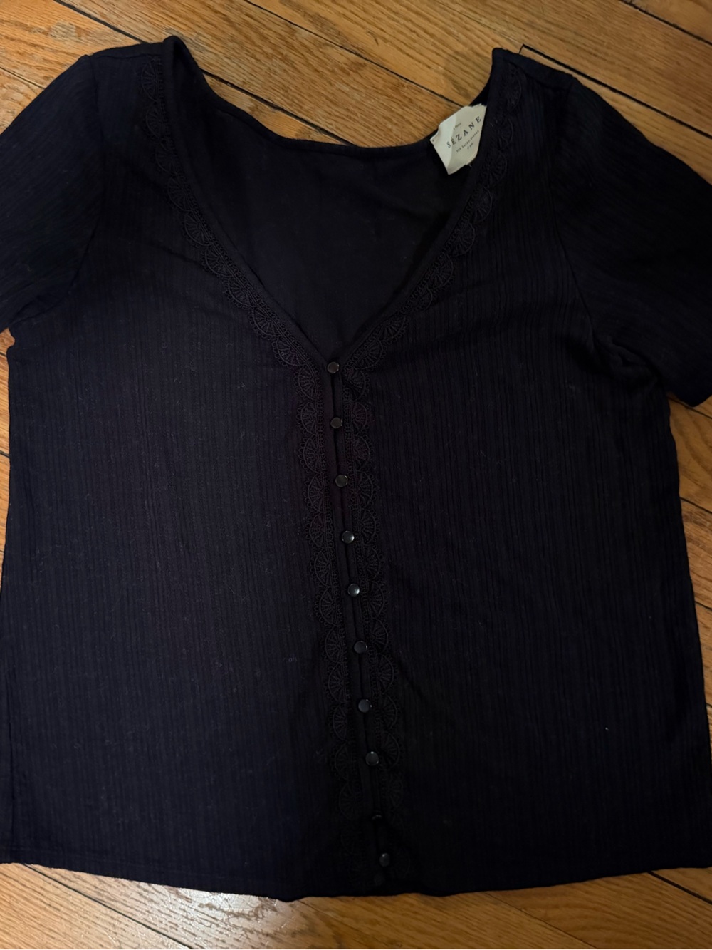 Sezane Black Crochet-Trim Button Front Cardigan